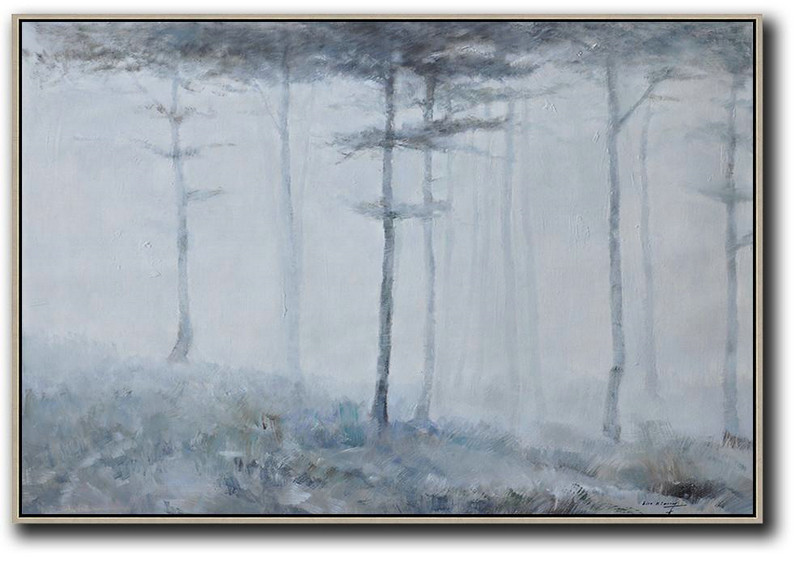 Horizontal Abstract Landscape Oil Painting On Canvas,Hand Painted Aclylic Painting On Canvas,Grey,White,Dark Green